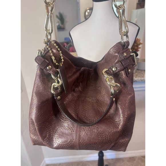 Coach Brooke Brown Perforated Leather Op Art Large Hobo Shoulder Bag 15003 - Picture 15 of 15